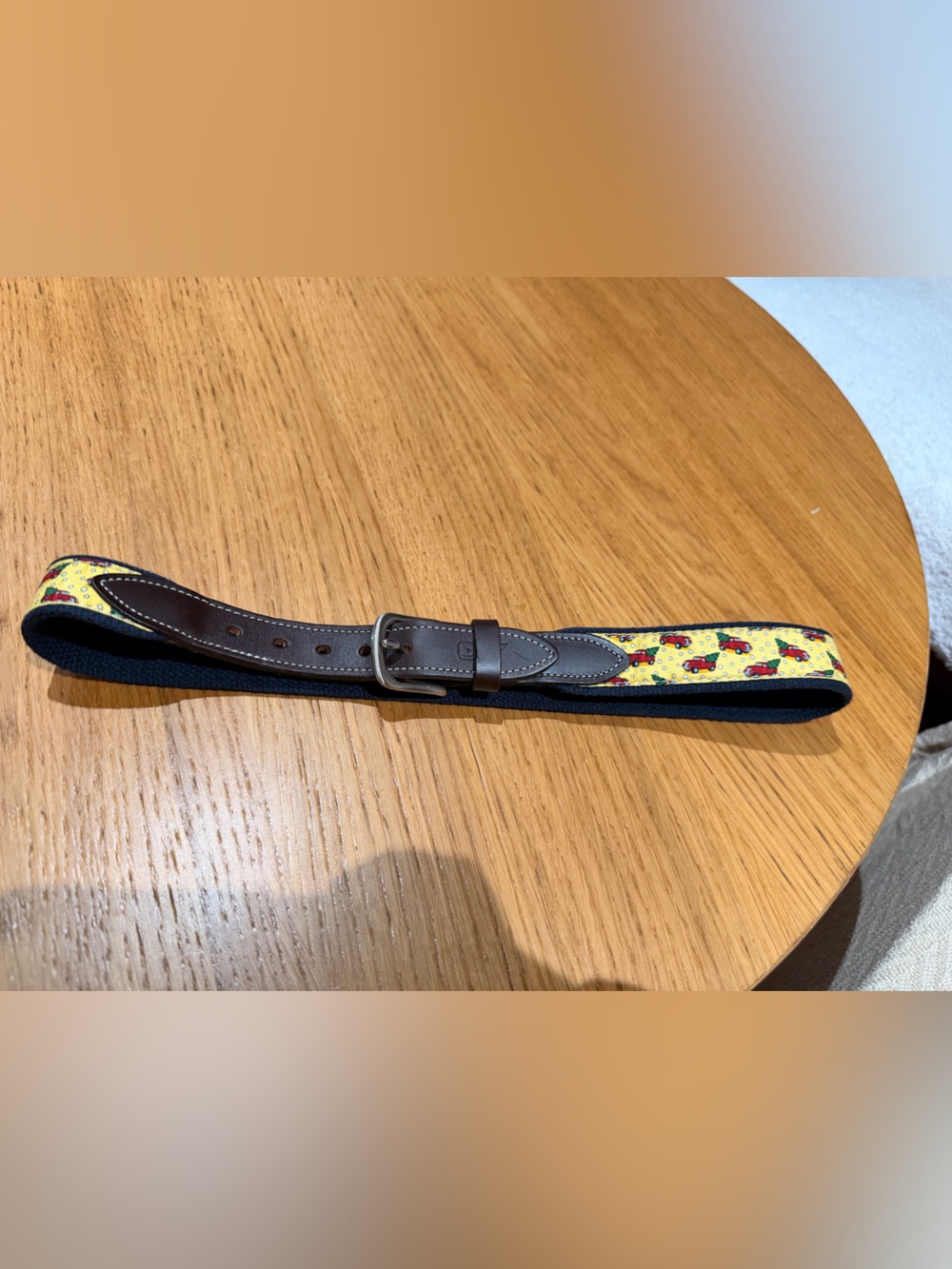 Vineyard Vines Yellow Patterned Kids Belt with Brown Leather Trim Holiday Motif
